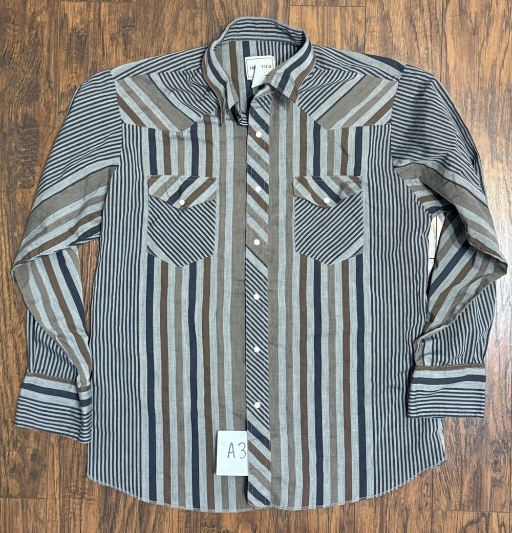 Frontier Western Shirt Striped Gray Brown Pearl Snap Long Sleeve Size Large